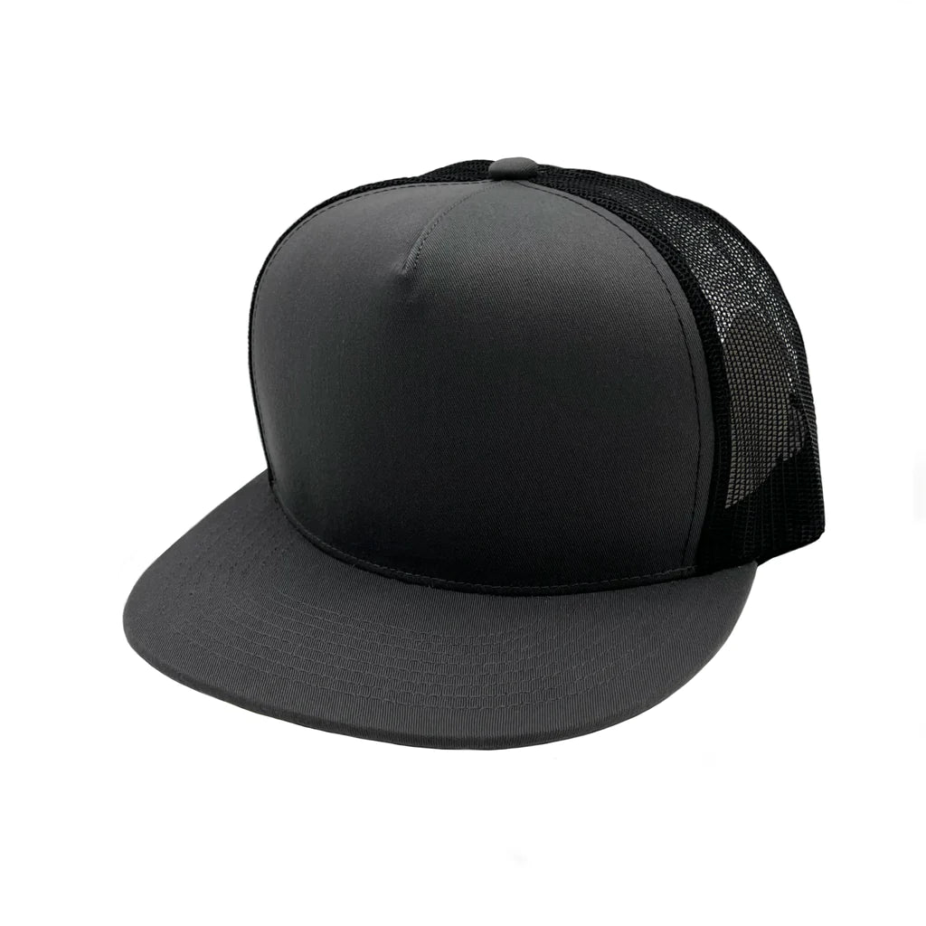 GNV-017M - 5 Panels Round Flat Bill Mesh Snapback Cap