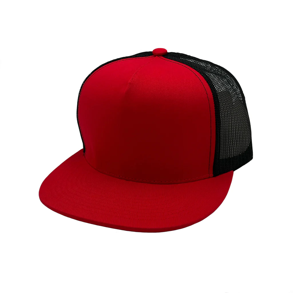 GNV-017M - 5 Panels Round Flat Bill Mesh Snapback Cap