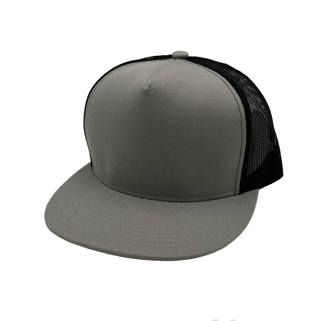 GNV-017M - 5 Panels Round Flat Bill Mesh Snapback Cap